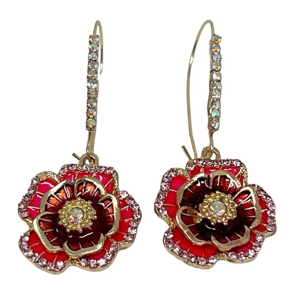 Floral Enamel Rhinestones Dangle Earrings - Picture 4 of 5